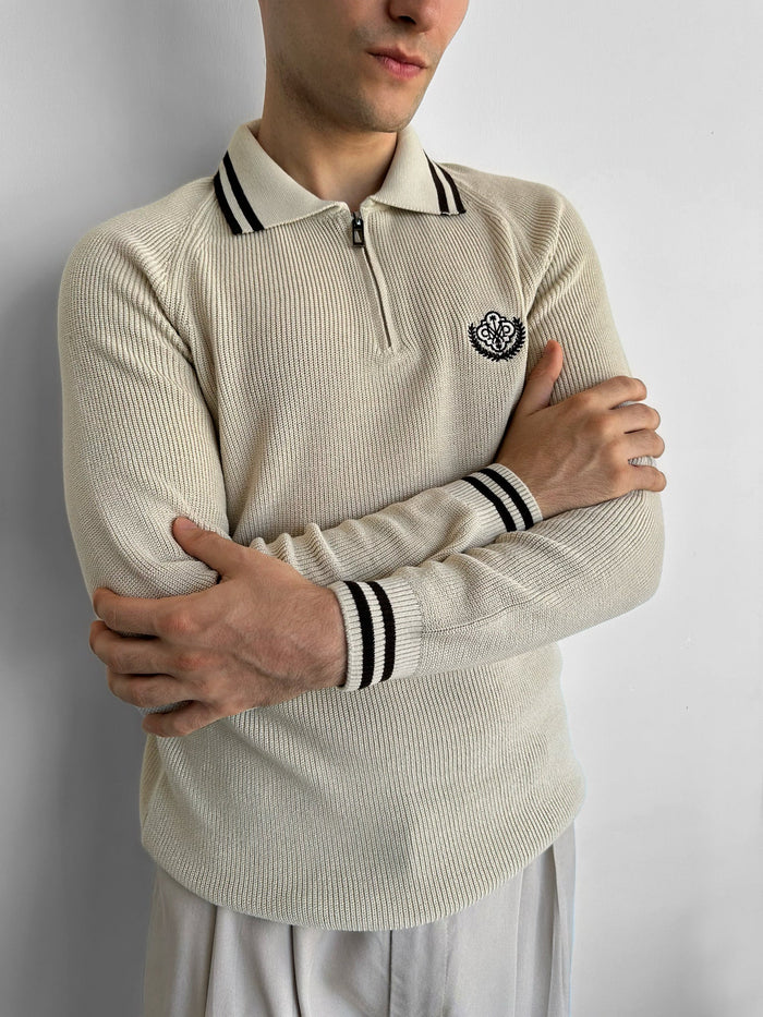 Slim Fit Halvdraget Broderat Polo Tröja - Beige