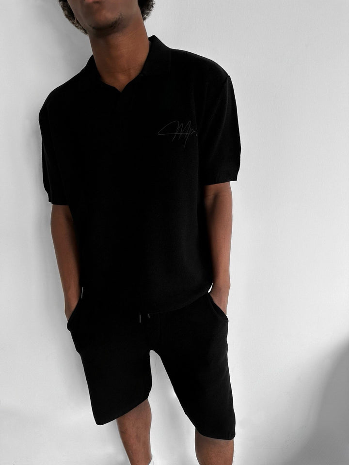 Oversize Initial Knit Polo T-Shirt - Svart