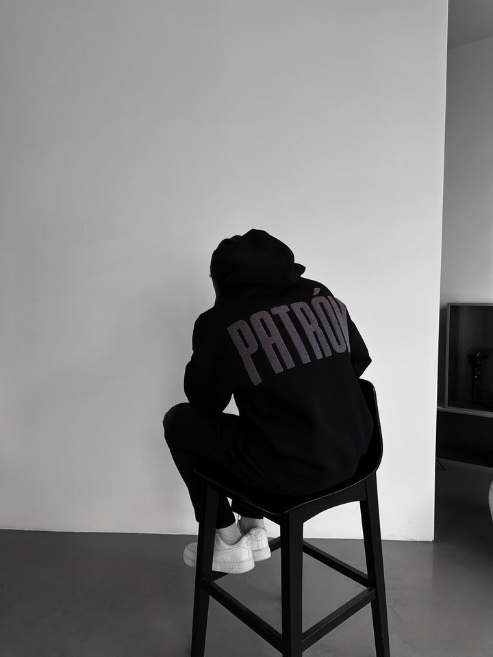 Oversize Detaljerad Patron Hoodie - Svart och Antracit