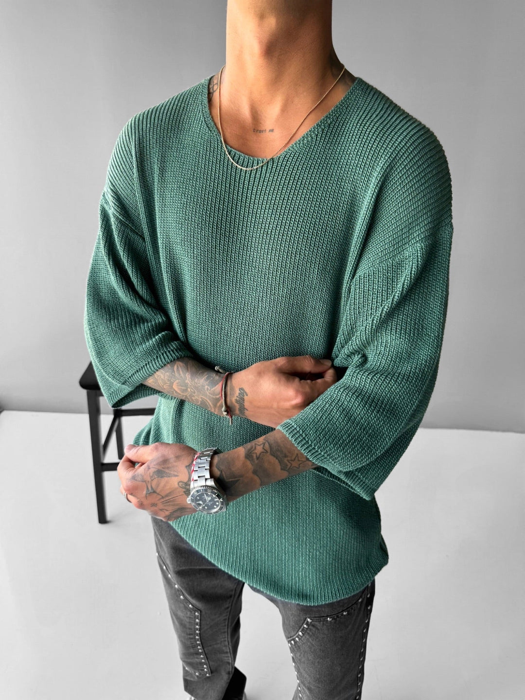 Oversize Lång Stickad T-Shirt - Petrol