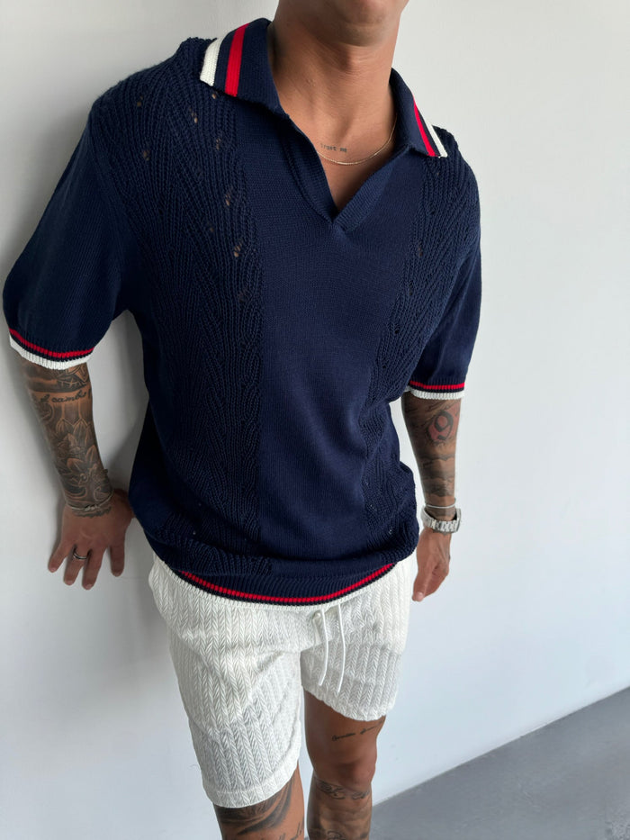Slim Fit Detaljstickad Polo T-shirt - Indigo