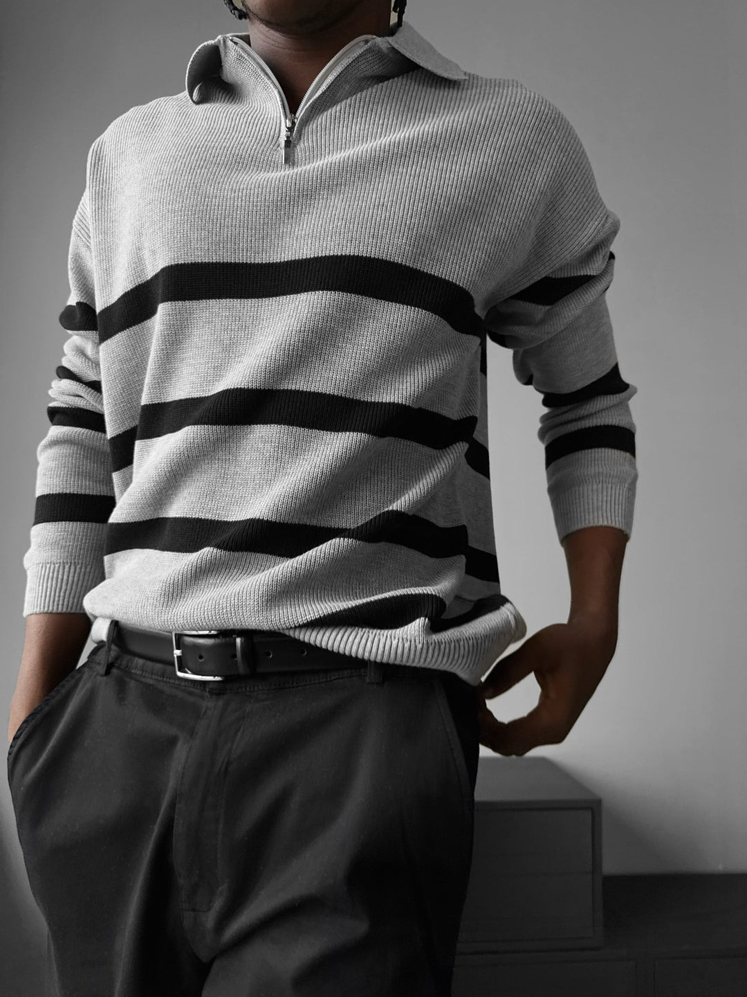 Oversize Stickad Crop Polo Tröja - Grå