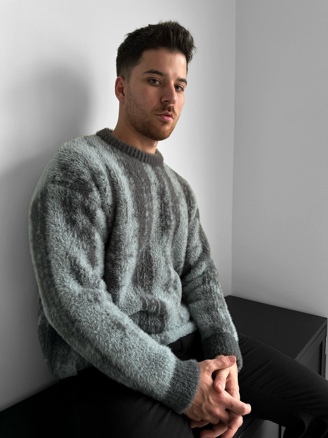 Oversize Brushstroke Effect Stickad Pullover - Antracit