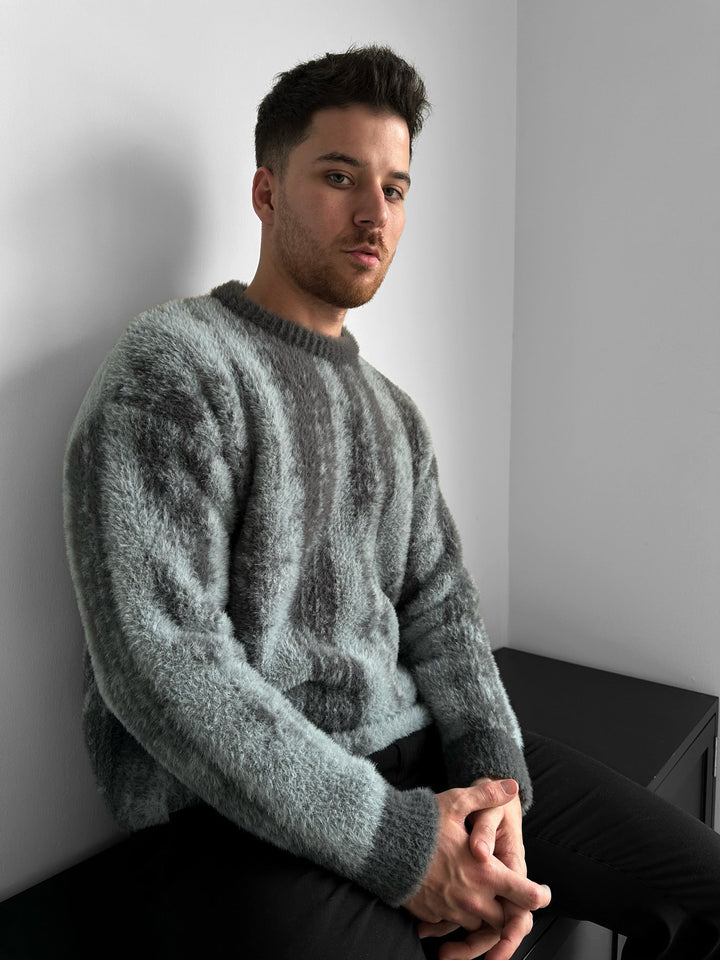 Oversize Brushstroke Effect Stickad Pullover - Antracit