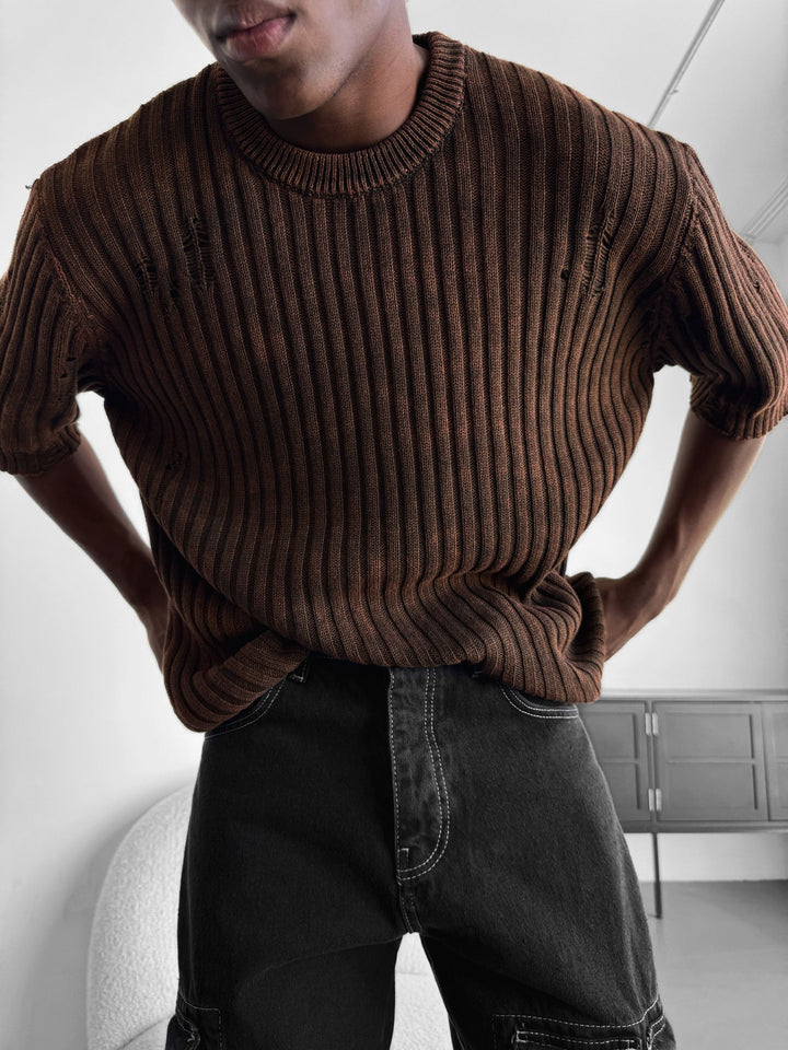 Oversize Torn Tvättad Stickad T-shirt - Brun