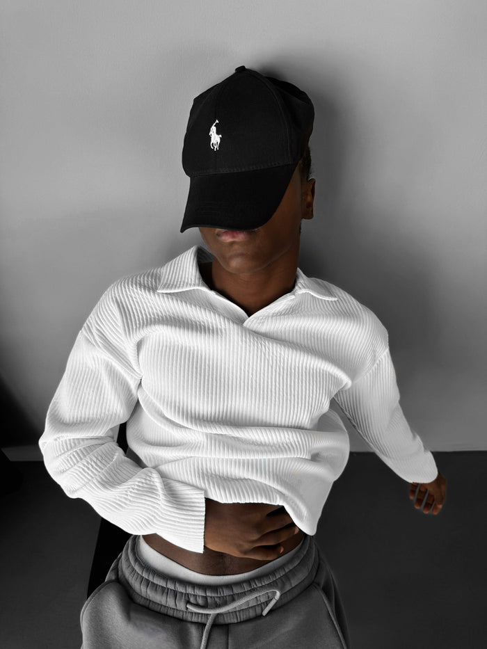 Oversize Ribbad Långärmad Polo T-shirt - Vit