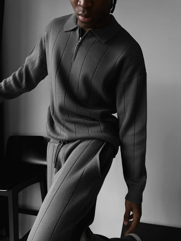 Oversize Lines Stickad Dragkedja Polo Sweatshirt - Antracit
