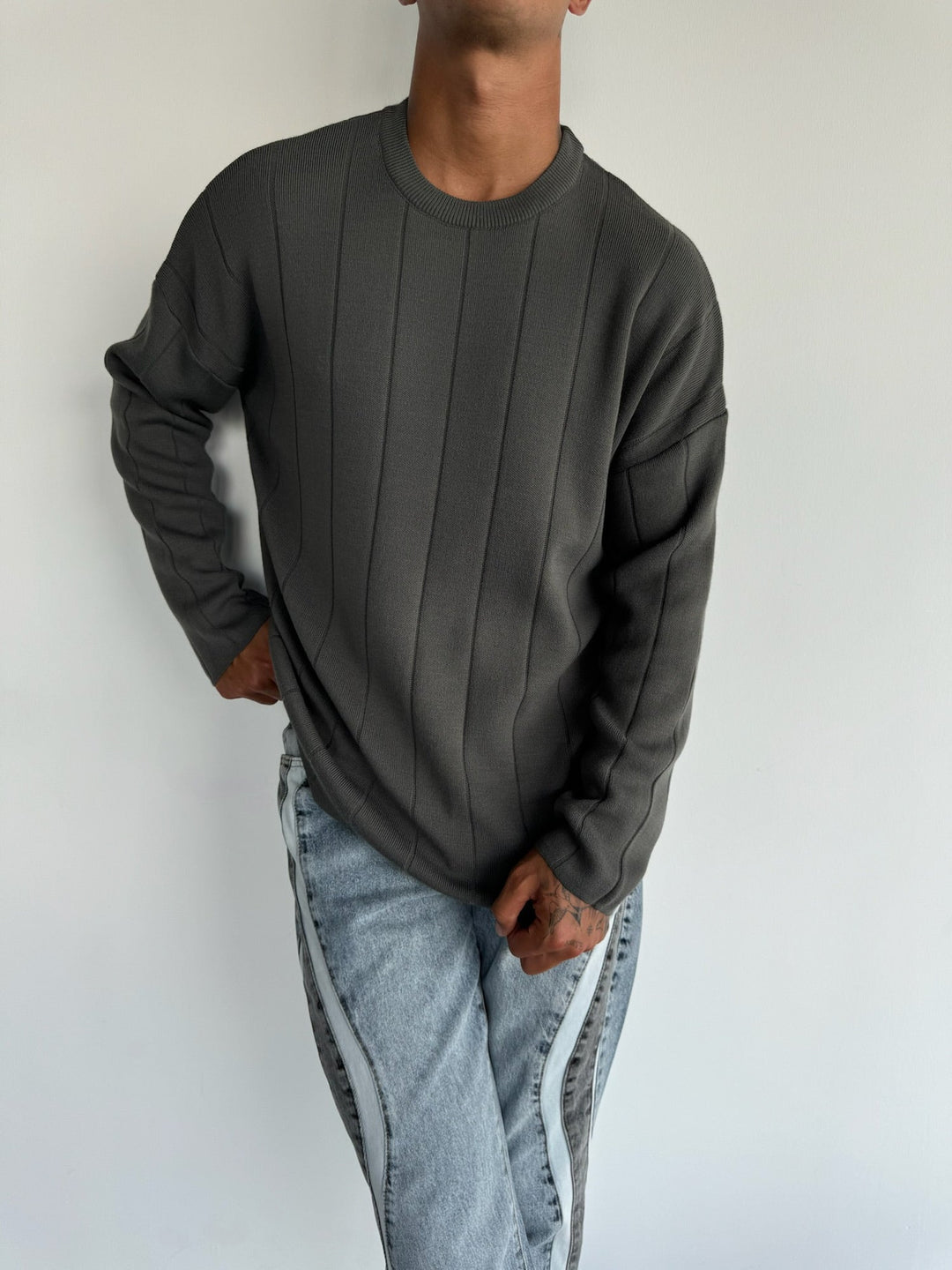 Oversize Lines Stickad Sweatshirt - Antracit