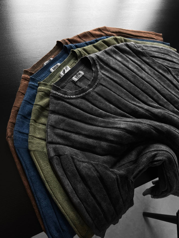 Slim Fit Tvättade Linjer Stickad T-Shirt - Antracit