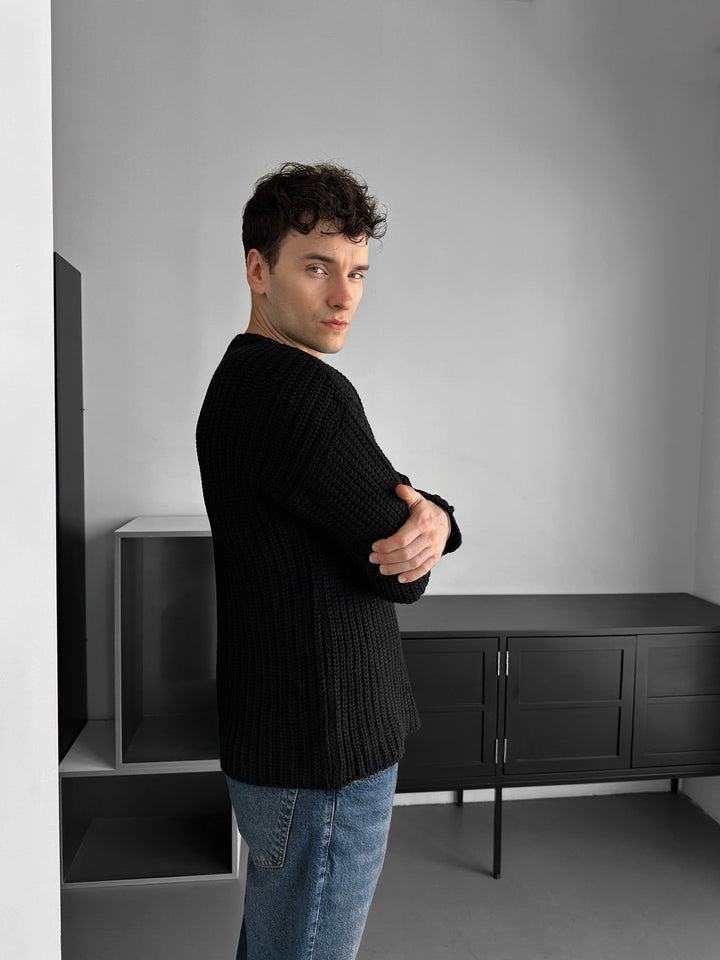 Slim Fit Braid Knit Sweater - Svart