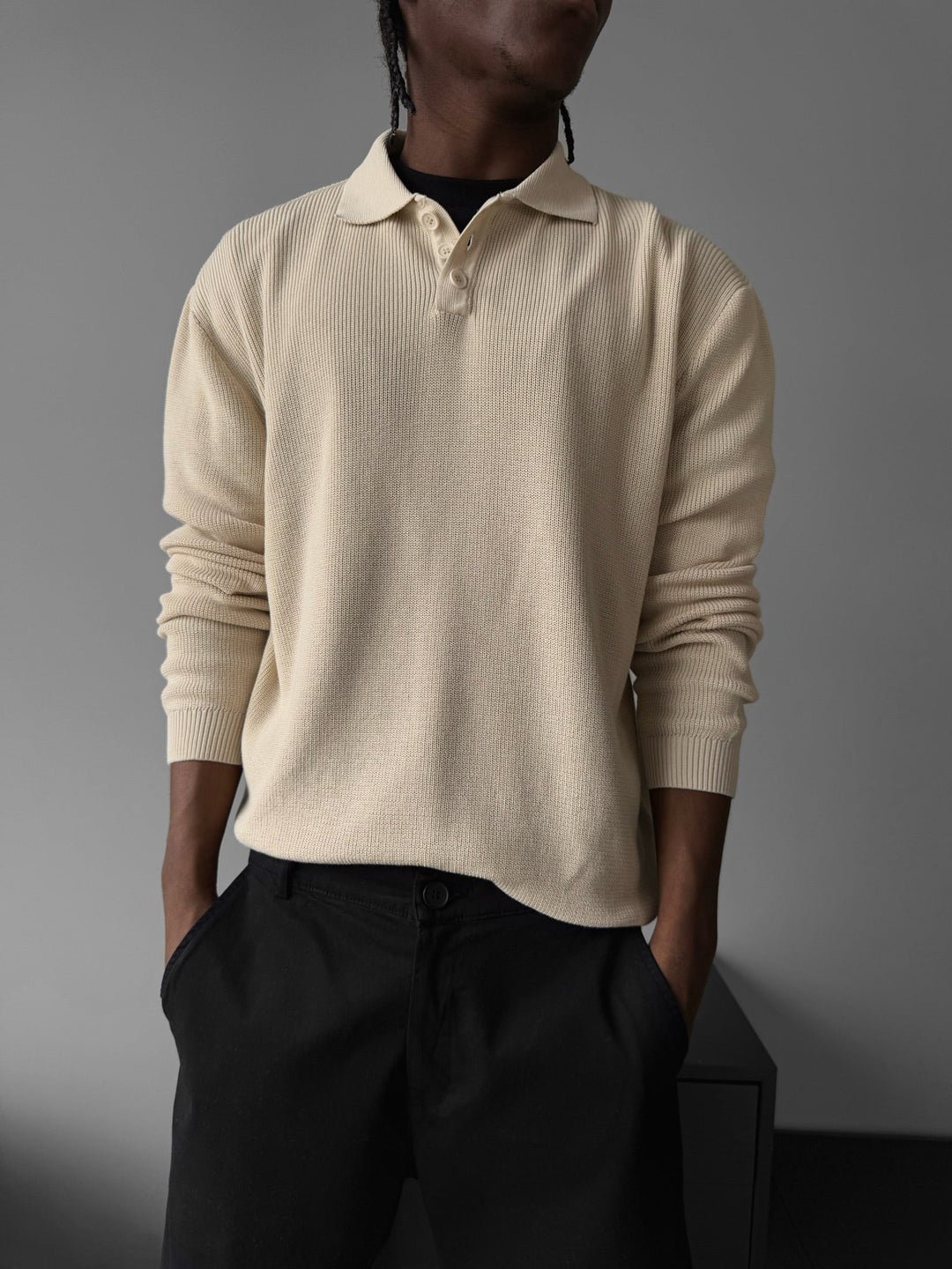 Lös Passform Stickad Polo Tröja - Beige