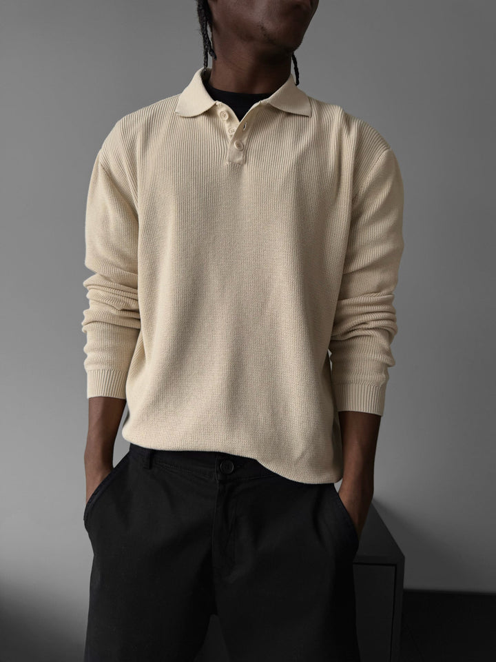 Lös Passform Stickad Polo Tröja - Beige