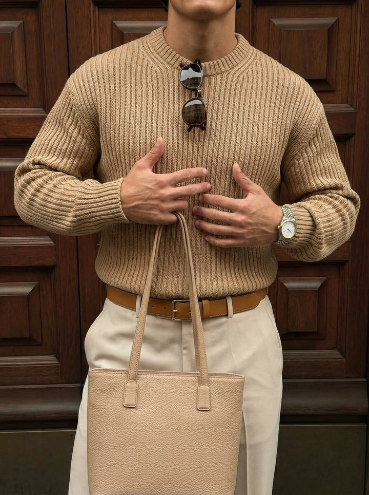 Lös Passform Randig Struktur Pullover - Kamel