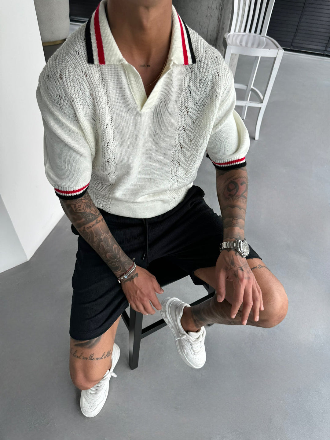 Slim Fit Detaljstickad Polo T-shirt - Ecru