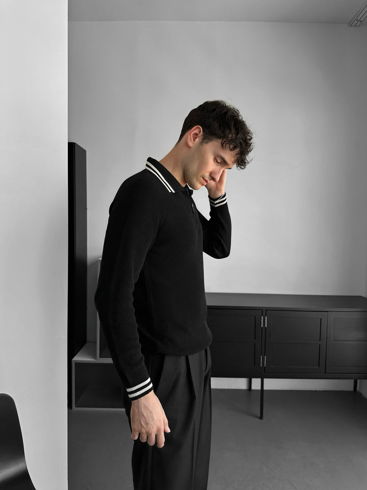 Slim Fit Halvdragning Broderad Polo Tröja - Svart