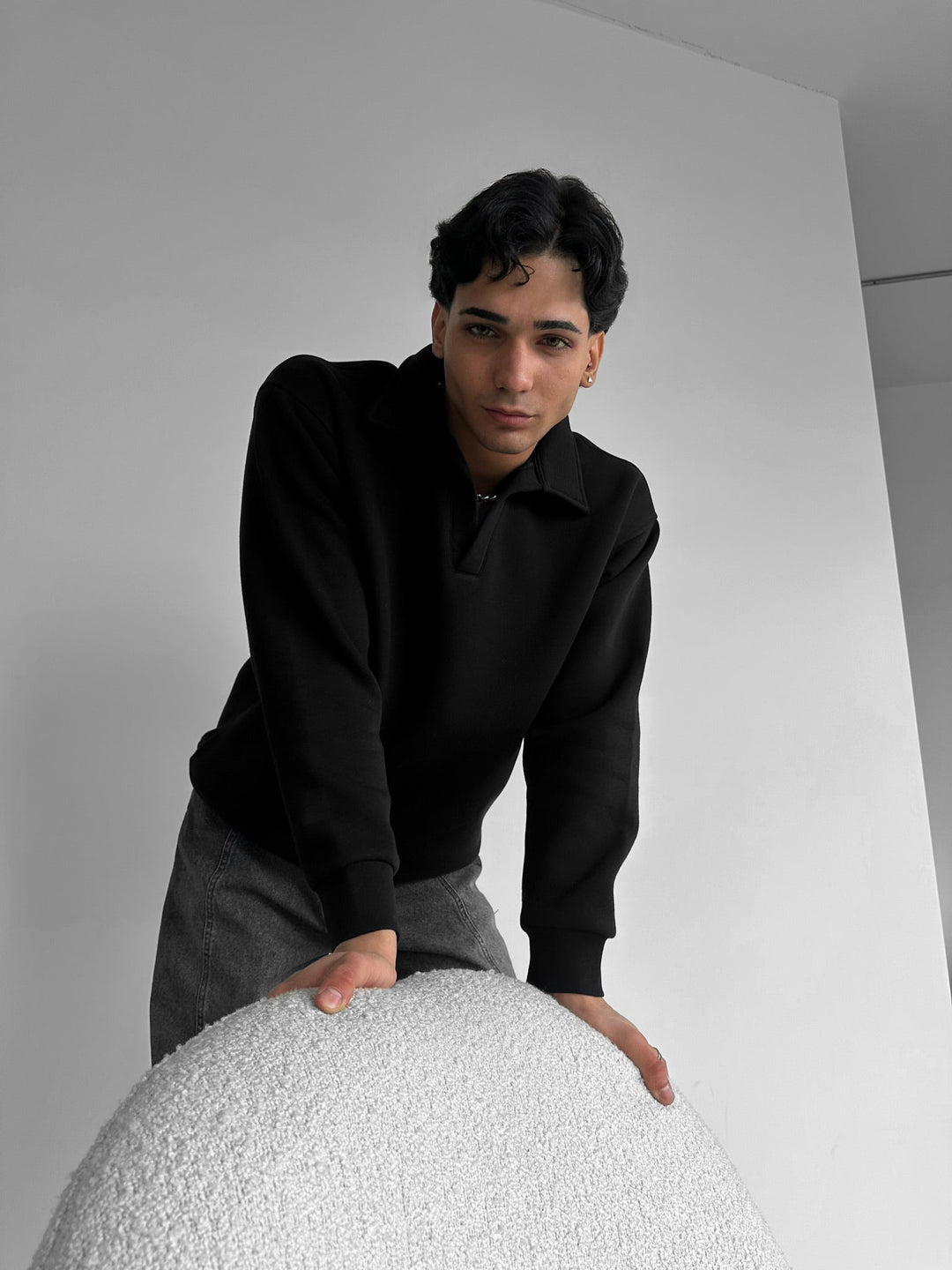 Oversize Basic Polo Sweatshirt - Svart