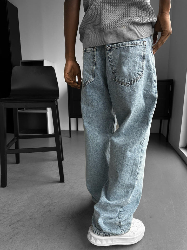 Relax Baggy Tvättade Jeans - Ljusblå
