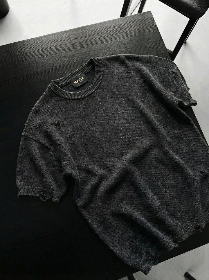 Oversize Stickad Torn T-shirt - Antracit