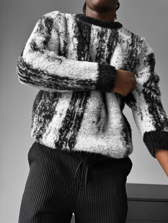 Oversize Brushstroke Effekt Stickad Pullover - Svart