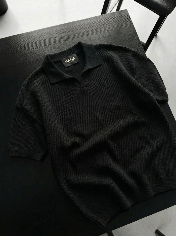 Oversize Krage Ribbad Stickad T-shirt - Svart