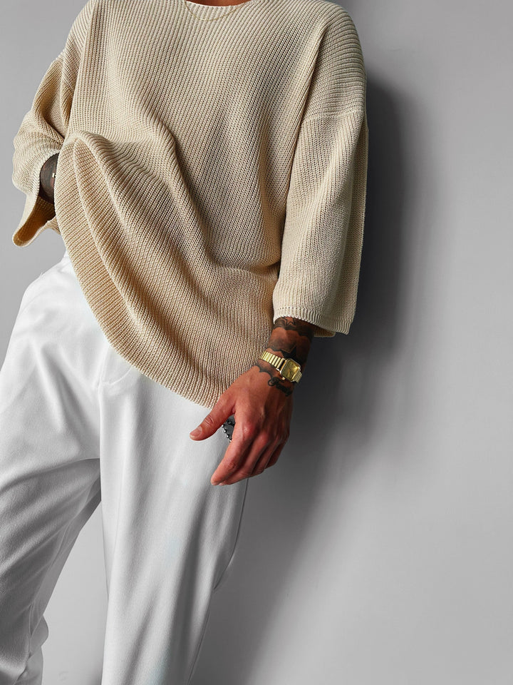 Överdimensionerad Lång Stickad T-Shirt - Beige