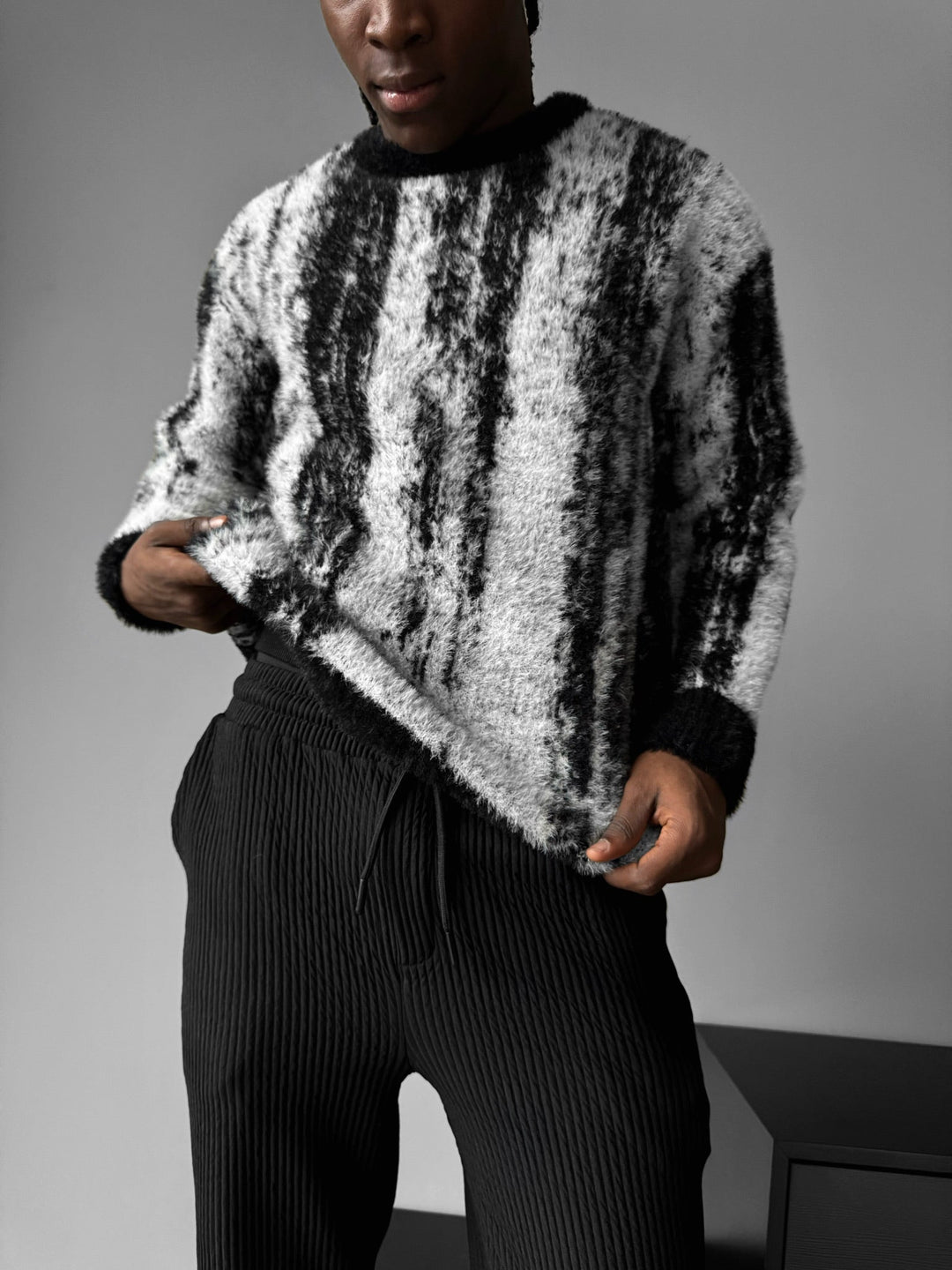Oversize Brushstroke Effekt Stickad Pullover - Svart