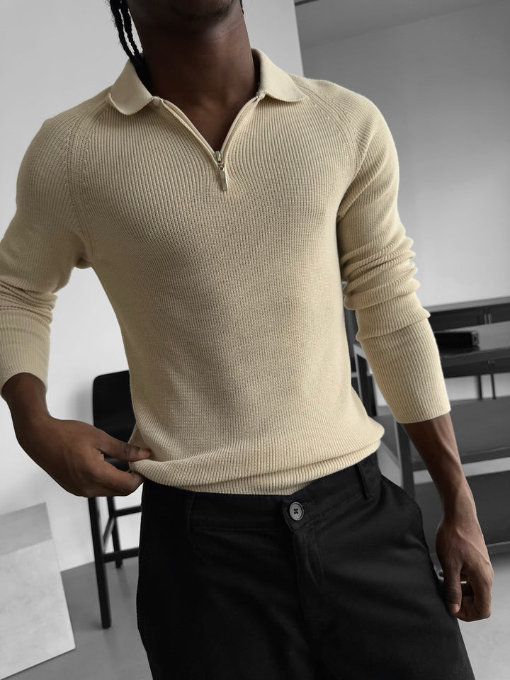 Slim Fit Stickad Dragkedja Polo Tröja - Beige