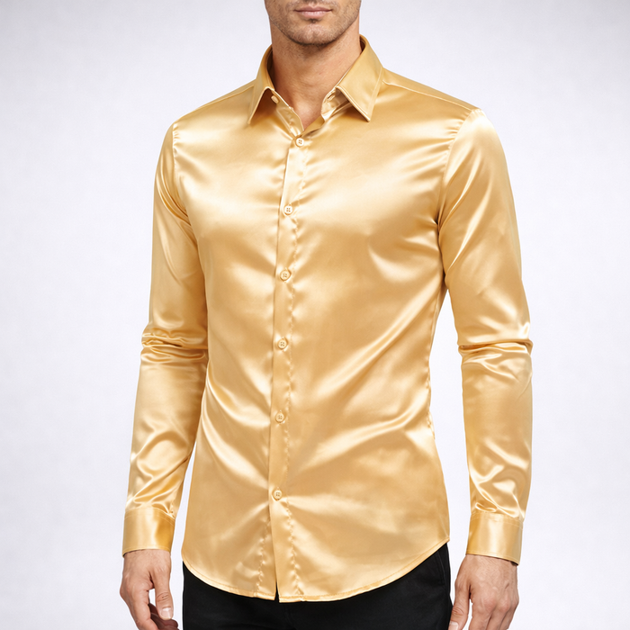 Herr Långärmad Satängskjorta med Button-Down och Slank Passform