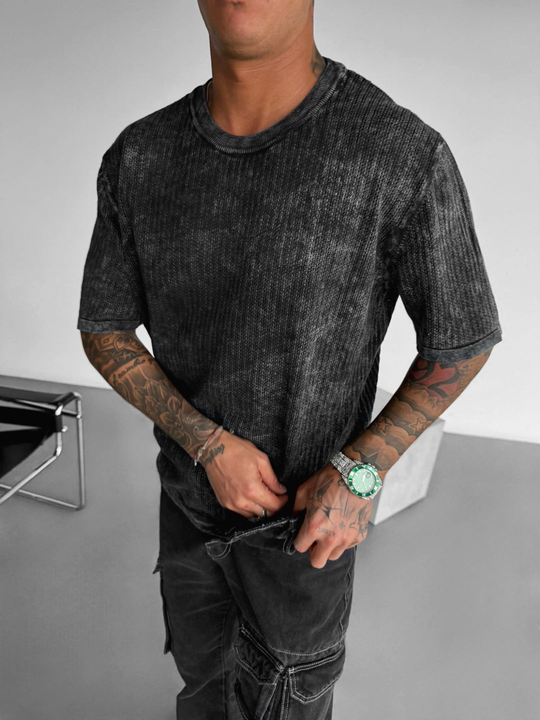 Oversize Stickad Tvättad T-shirt - Svart