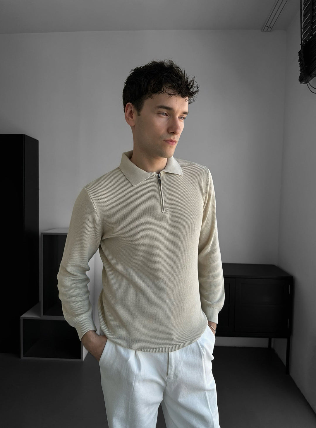 Lös Passform Polo Stickad Tröja - Beige
