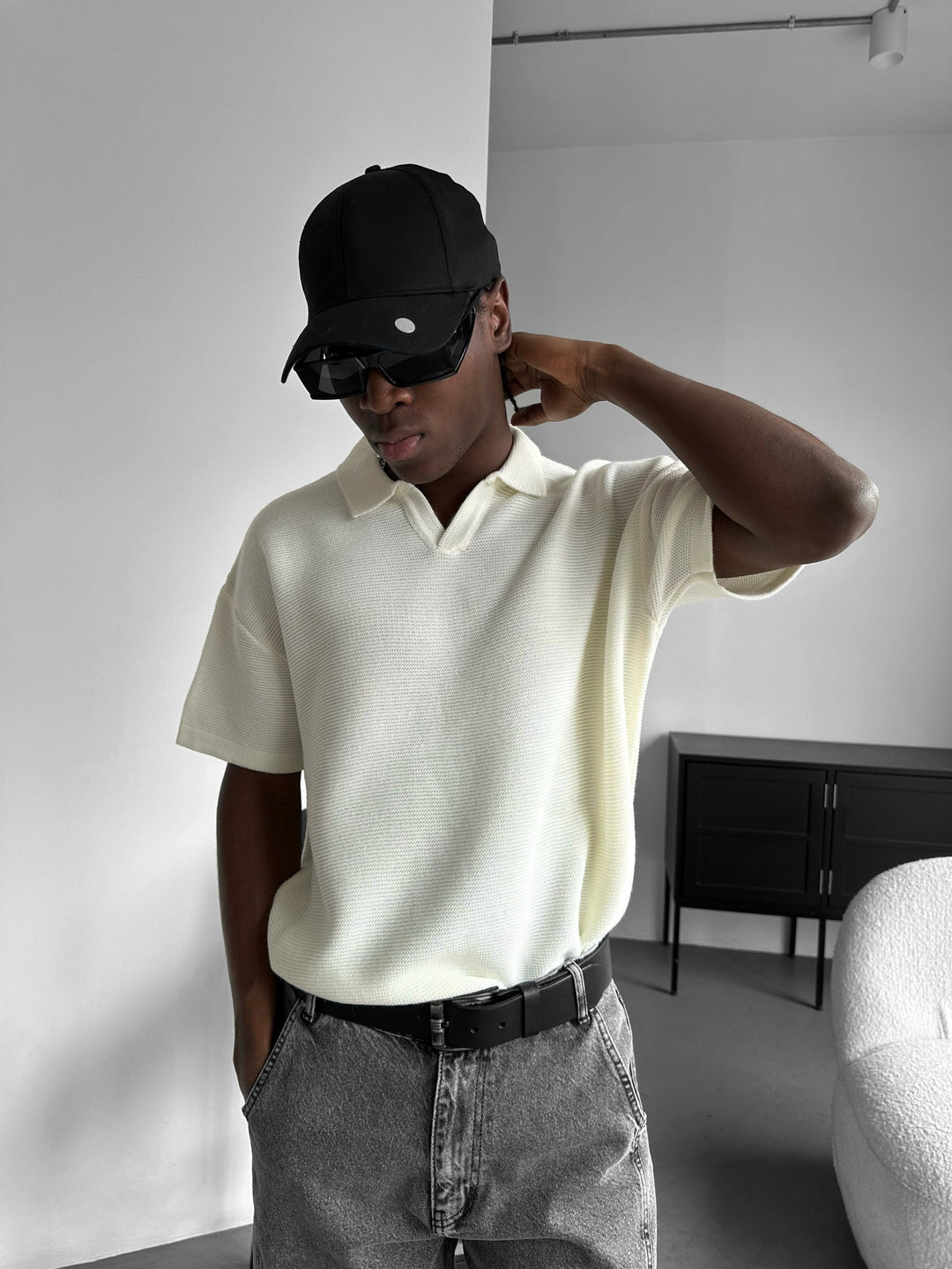 Oversize Krage Ribbad Stickad T-shirt - Ecru