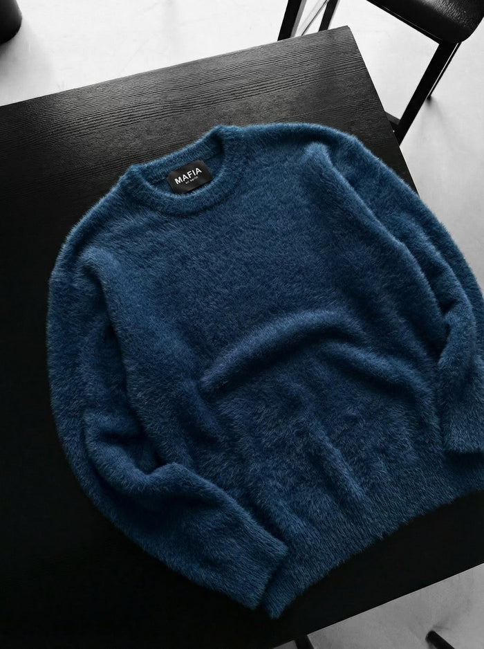 Oversize Hårig Reptröja - Nattblå