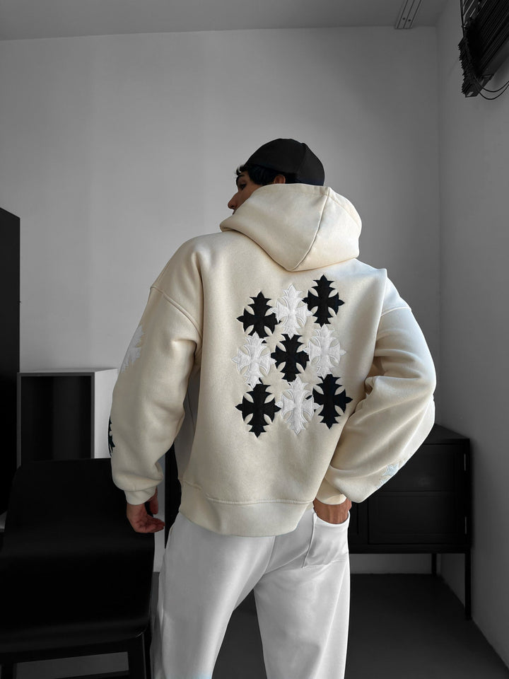 Oversize Gotisk Kors Hoodie - Beige