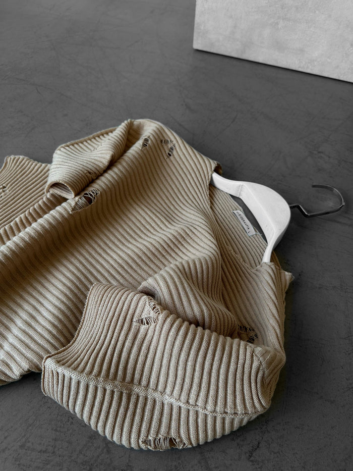 Lös Passform Trasig Stickad T-Shirt - Beige