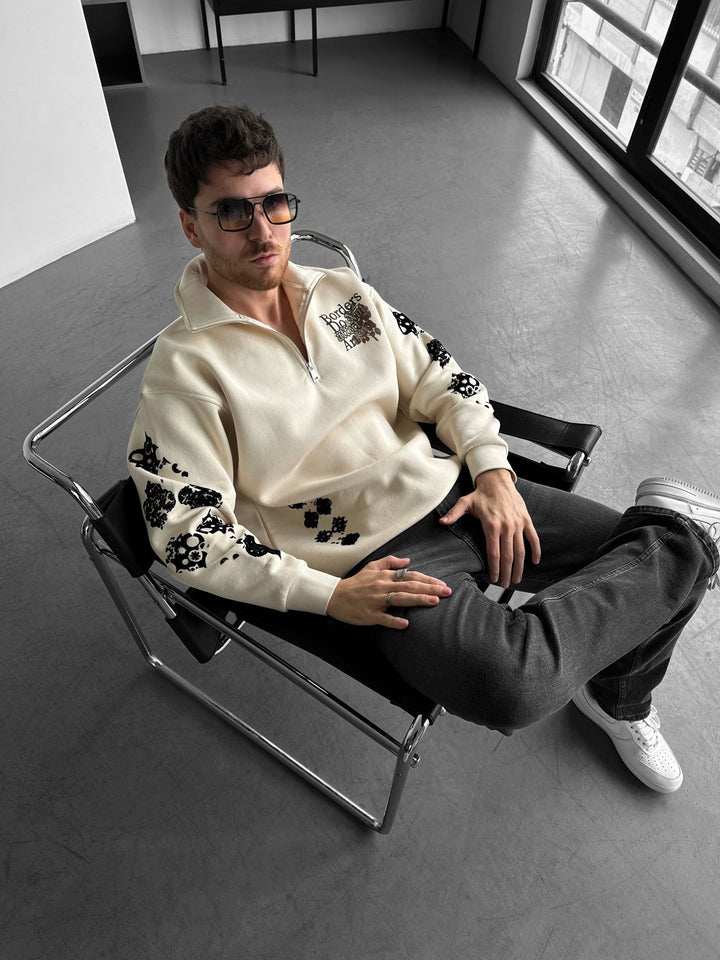 Oversized Halvdraget Grafiskt Sweatshirt - Beige