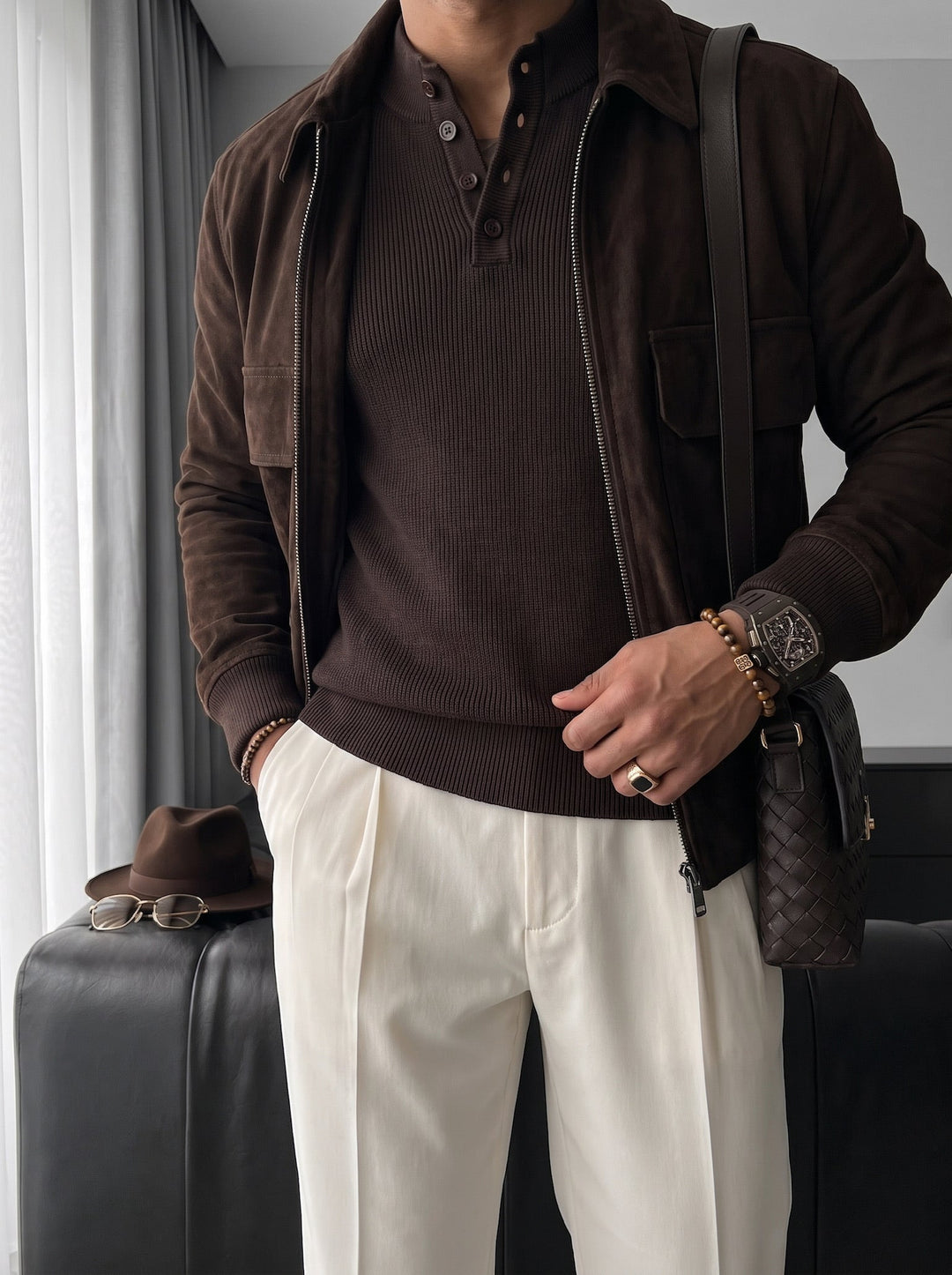 Slim Fit Stickad Tröja - Mörk Brun
