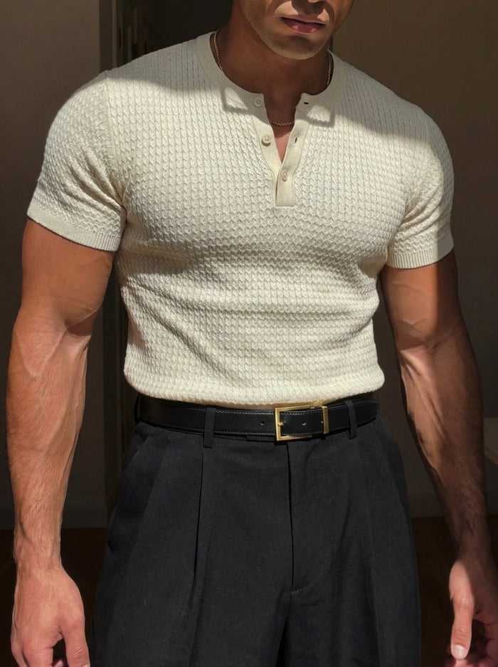 Regular Fit Vaffelknapp T-shirt - Beige