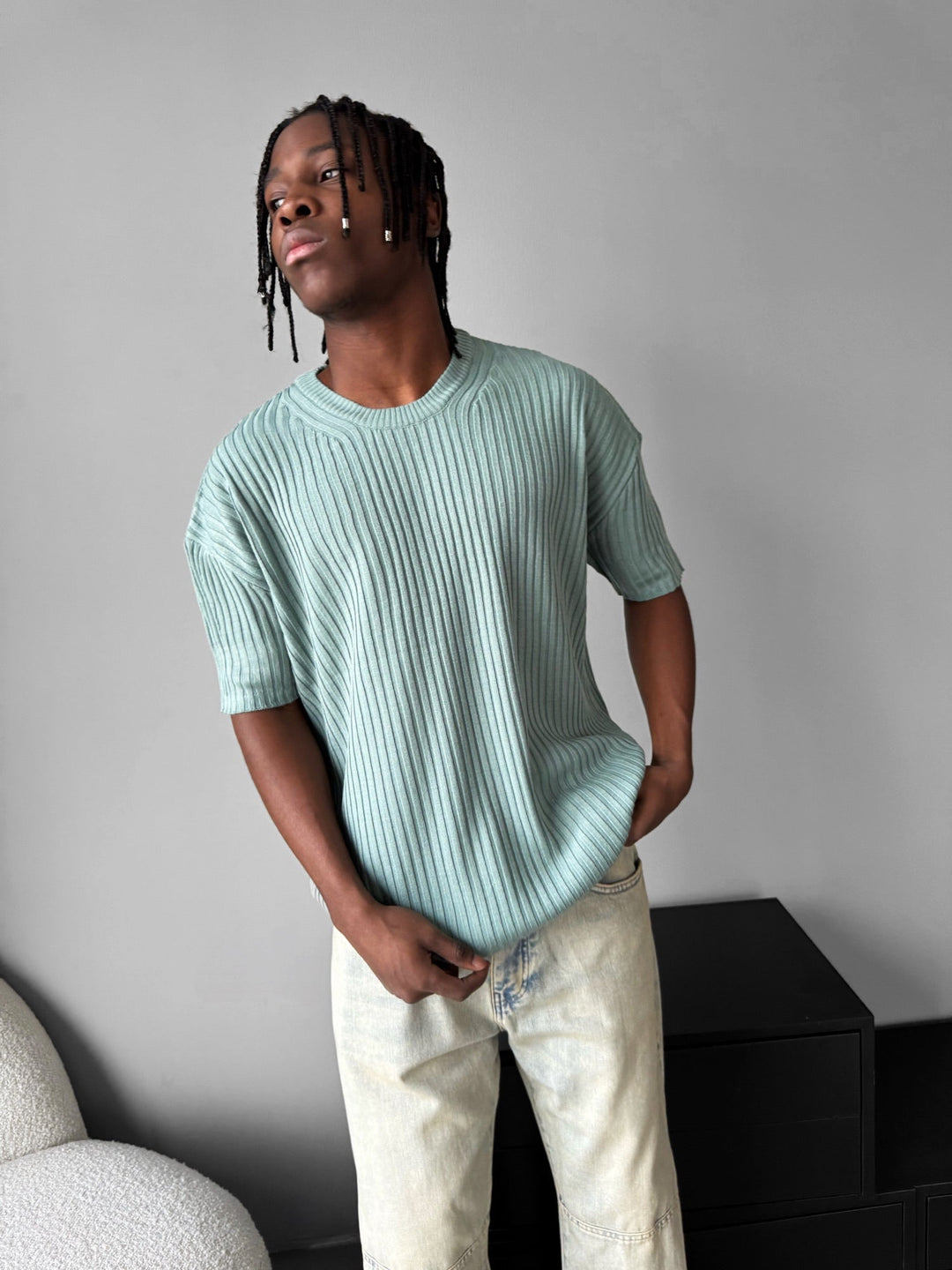 Lös Passform Ribbad Stickad T-Shirt - Mint