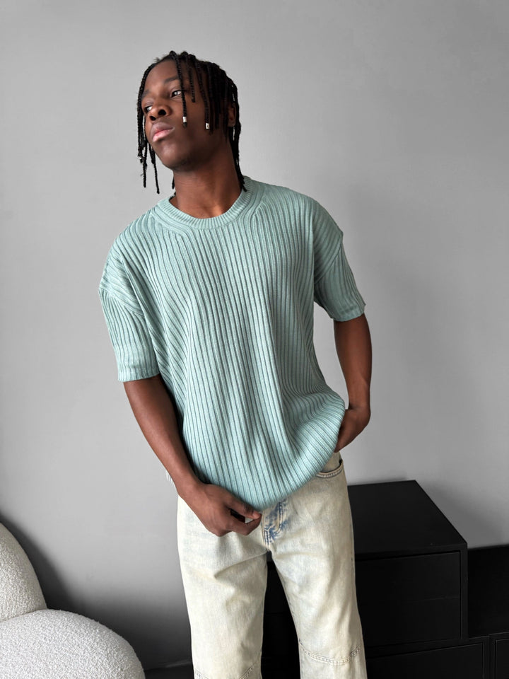 Lös Passform Ribbad Stickad T-Shirt - Mint
