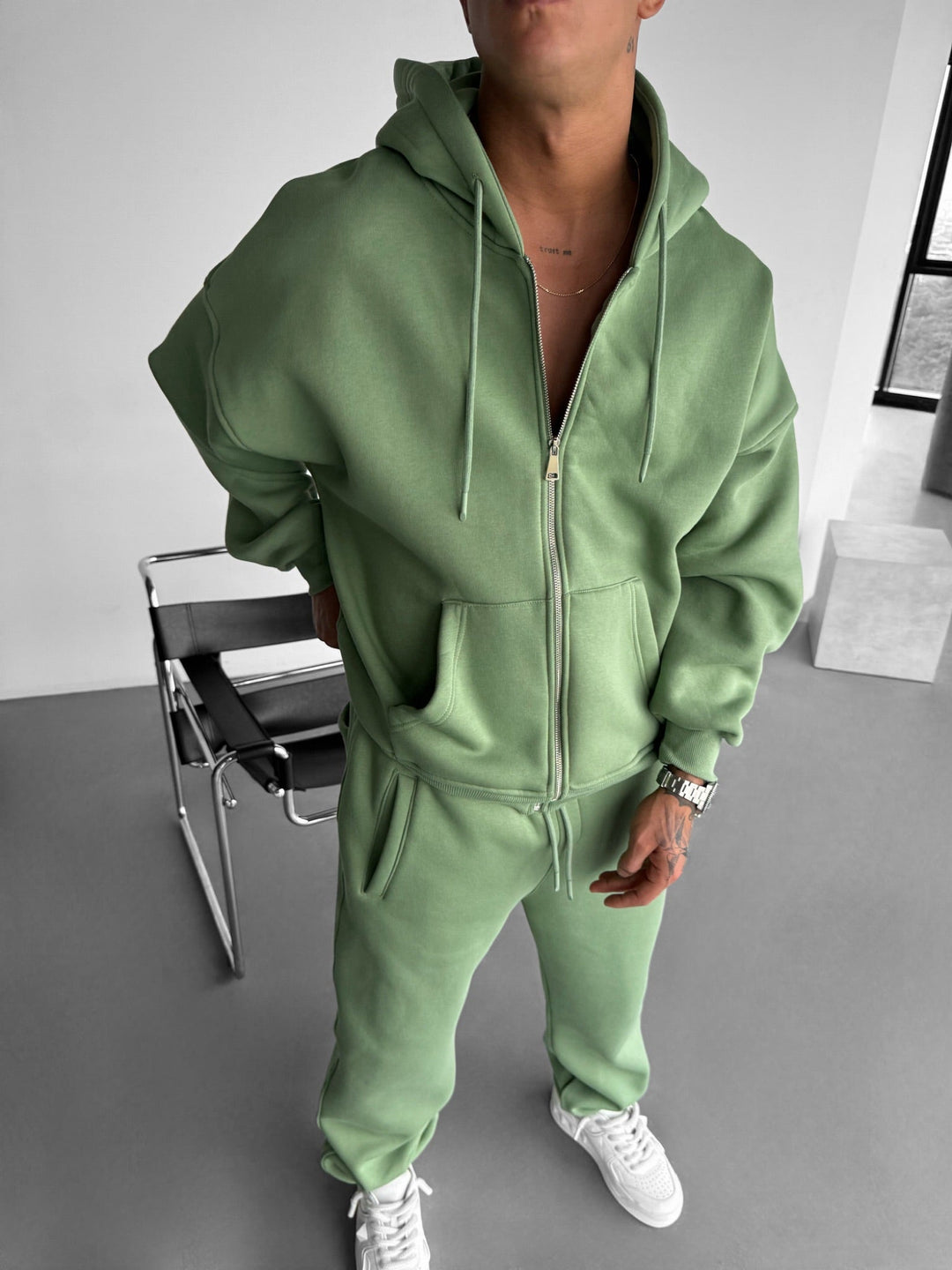 Oversize Basic Dragkedja Hoodie - Mossa
