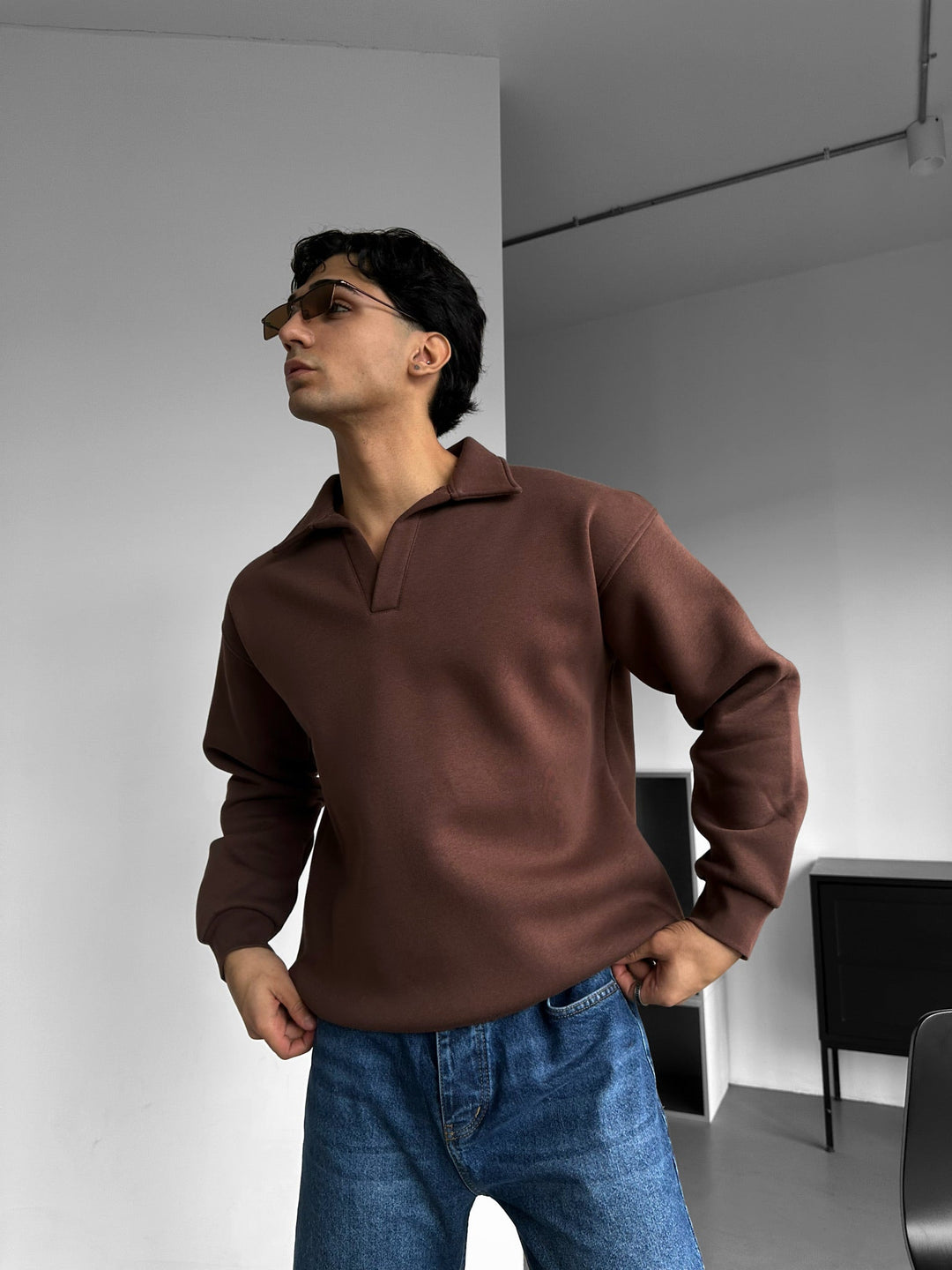 Oversize Basic Polo Sweatshirt - Chokladbrun
