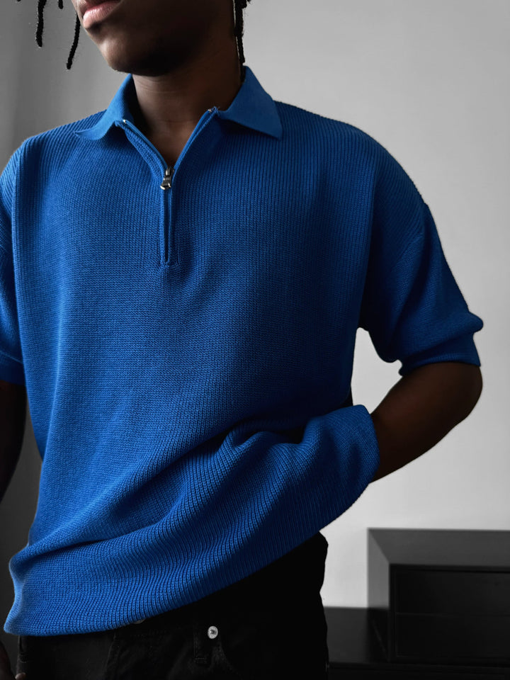 Oversize Dragkedja Stickad Polo T-shirt - Saks
