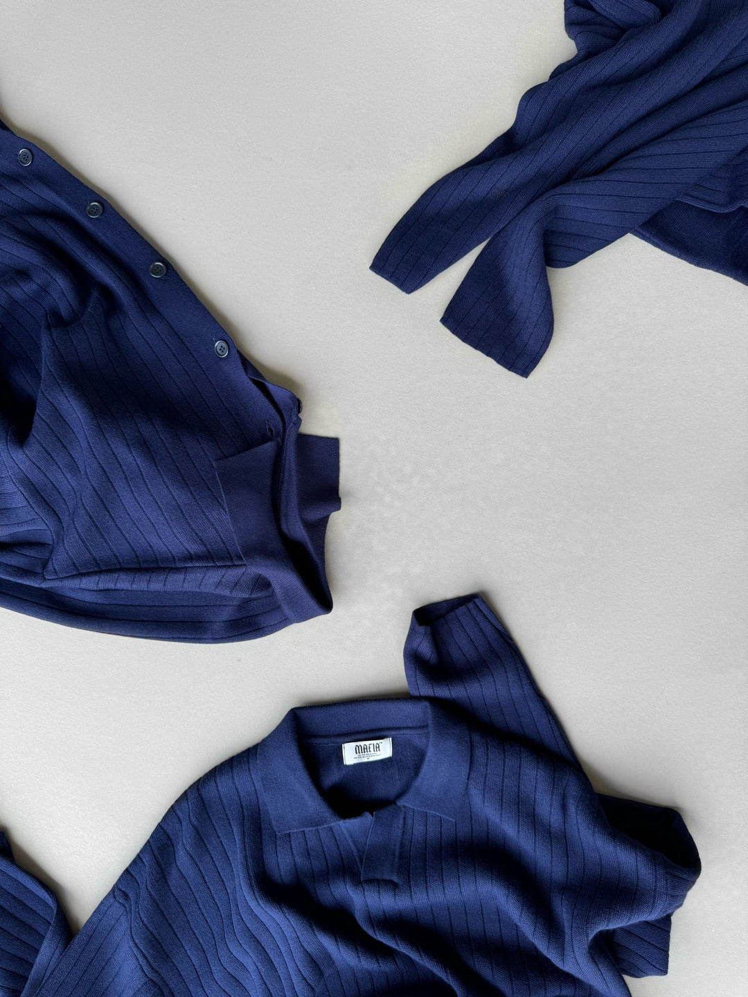 Oversized Vid Ribbad Långärmad Stickad Polo Sweatshirt - Marinblå