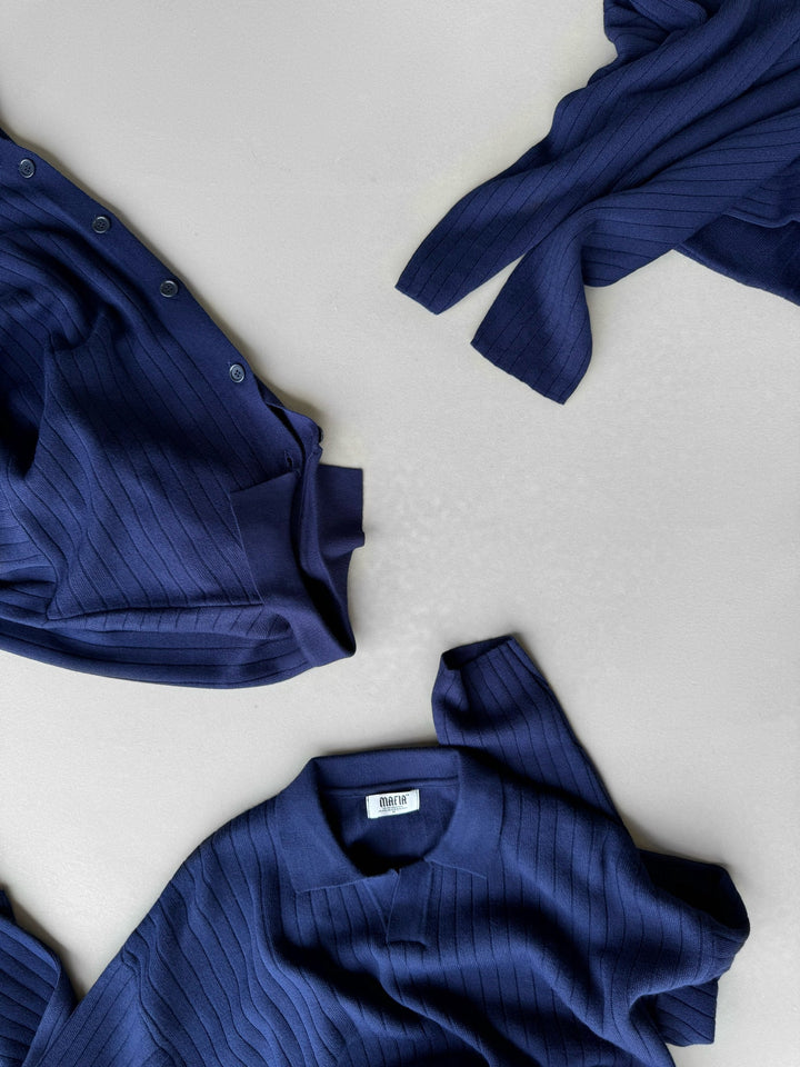 Oversized Vid Ribbad Långärmad Stickad Polo Sweatshirt - Marinblå