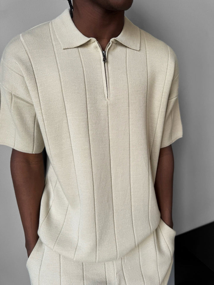 Lös Passform Linjekrage Stickad T-Shirt - Cremé