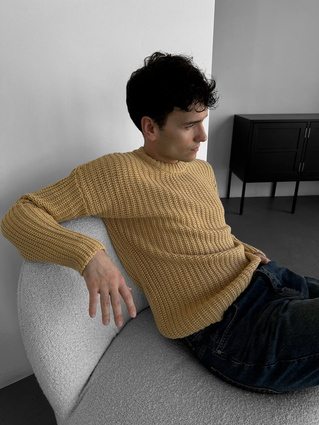 Slim Fit Flätad Stickad Tröja - Beige