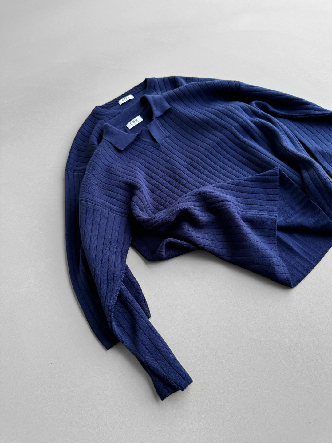 Oversized Vid Ribbad Långärmad Stickad Polo Sweatshirt - Marinblå