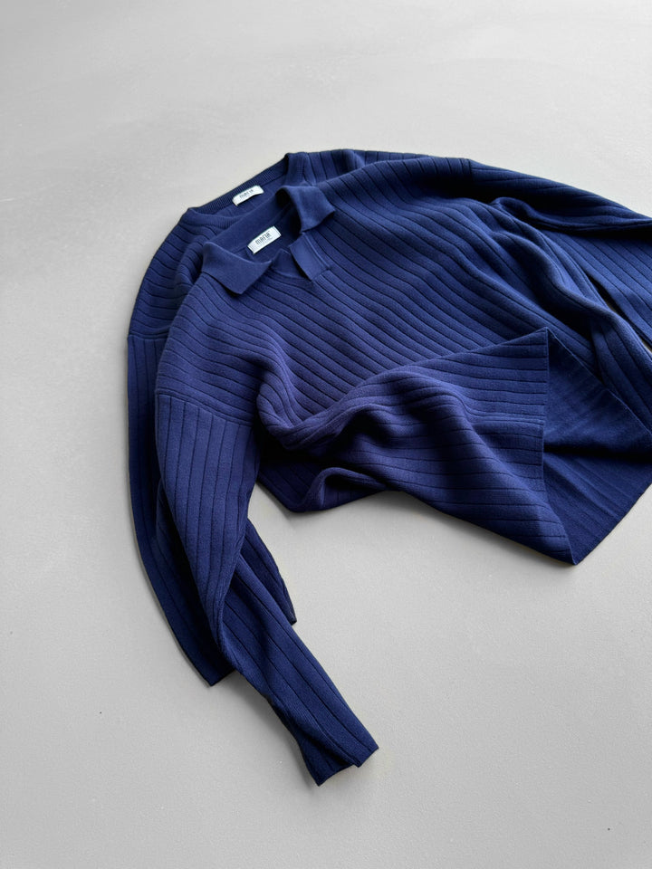 Oversized Vid Ribbad Långärmad Stickad Polo Sweatshirt - Marinblå