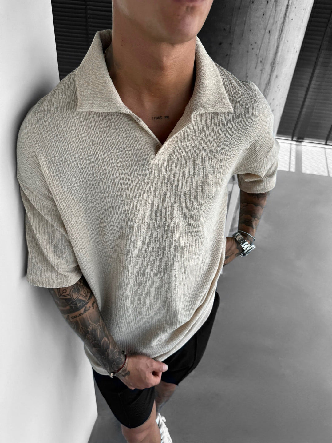 Oversize Crepe Polo T-shirt - Beige