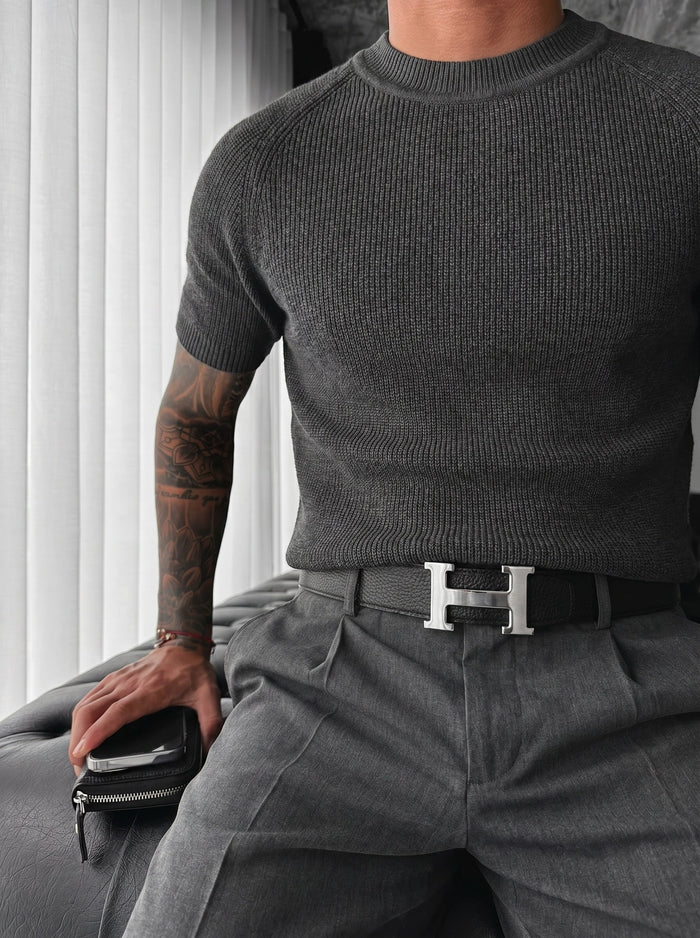 Slim Fit Stickad T-shirt - Antracit